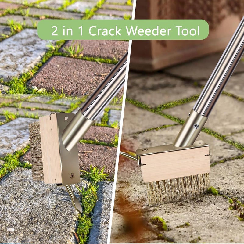 mcwdoit Crack Weeder Tool, Crevice Weeding Moss Brush with 2 Heads&Scraping Hook, A Hand Puller Tool, Moss Remover with Steel Handle for Cleaning Paving Joint Paver Sidewalk Patio Stone Driveway Deck - Image 2